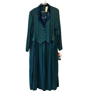Halmode Plus Womens Dress Set Teal Geometric Velvet Trim Long Sleeve Midi‎ 18W